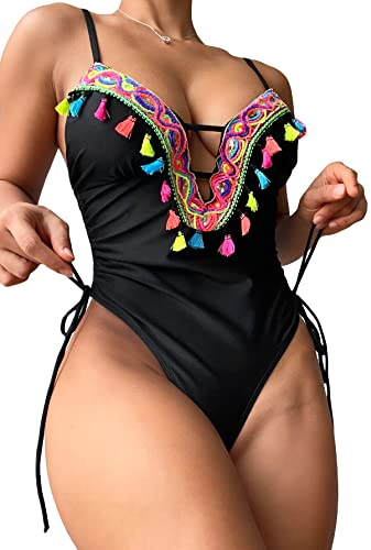 OYOANGLE Women's Tassel Decor Spaghetti Strap Plunge Neck Drawstring Side Ruched One Piece Swimsuit Black L