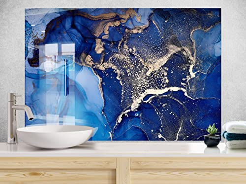 Myphotostation Tempered Glass Splashback 28Wx18H''Dark Blue Marble Abstract Backsplash Design Cooker Wall Backsplash Panel Glass Splashback for Kitchen Panel Design Gold Marble Splashback Stove