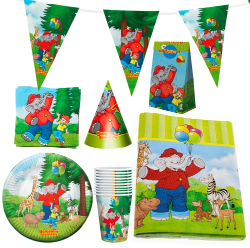 Party Factory `Benjamin Blümchen´ XXL-Set, 10 Becher, 10 Teller, 20 Servietten, 1 Tischdecke, 1 Wimpelkette, 10 Partyhüte und 10 Partytüten