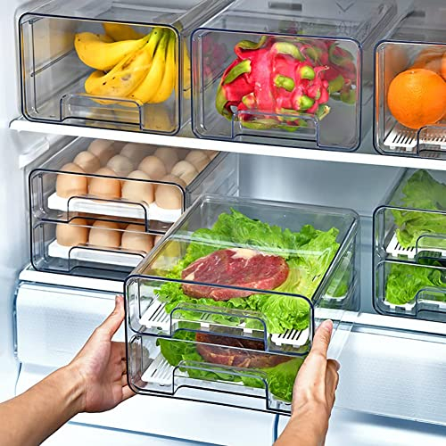 Epzia 1 PIÈCE Tiroirs de réfrigérateur empilables – Organisateur frigo à double couche, boîte rangement frigo en plastique transparent pour garde-manger, congélateur et armoire de cuisine