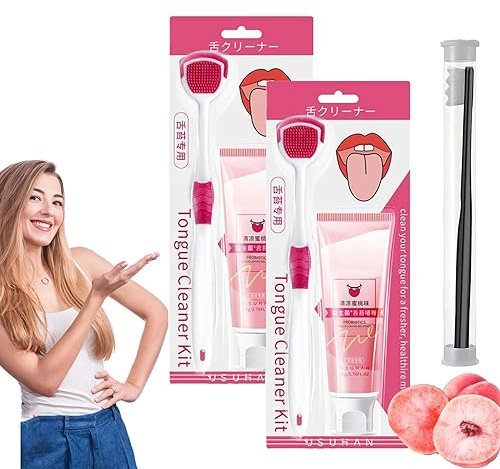Oral hygien borste och tungrengöringsgel, tungbeläggningsgel, probiotisk tungrengöringsgel, probiotisk tungrengöringsgel med skrapa, tungrengöringsgel med tungborste (2 x persika)