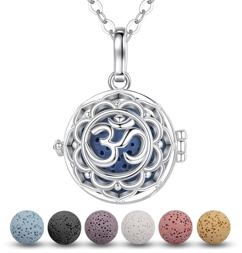 EUDORA Harmony Ball Diffuseur D'huiles Essentielles Collier pour Femme, OM Lotus Aromathérapie Diffuseur Pendentif Pierre de Lave Boule Médaillon Yoga Méditation Bijoux Cadeaux, 61 cm, 7 pièces