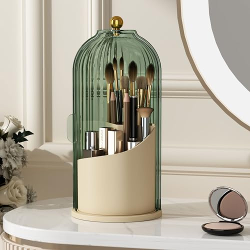 YOOLENS Make-up-Pinselhalter mit Deckel, 360 Grad drehbar, transparent, staubdicht, Make-up-Pinsel-Organizer für Schminktisch, Schreibtisch, Badezimmer, Arbeitsplatte, Grün Beige