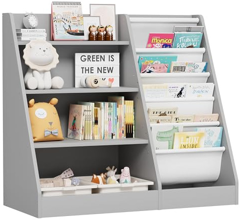 KEEPREAPER Kinderregal Bücherregal für Kinder 90x40x80cm Kinderzimmer, Grau | Mit 5 Ablage und 4 offenen Fächern, Holz, Spielzeugregal, Spielzeug-Organizer