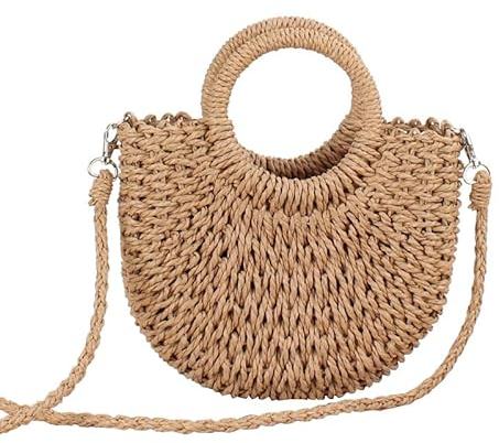 Inshere Damen Strohstrandtasche Gewebte Umhängetasche mit Henkelhandtasche für den Sommer Braun