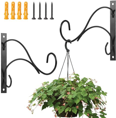 keilend 2 Pack Hanging Basket Bracket Outdoor 12 Inch, Iron Heavy Duty Hanging Basket Hook Wall Mounted with Screws Black for Garden Plants and Lanterns