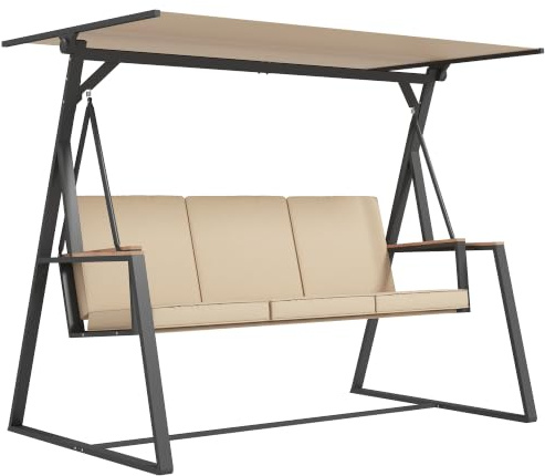 Outsunny Hollywoodschaukel 3-Sitzer Schaukelbank mit Kissen, Gartenschaukel mit Verstellbarem Dach, bis 300 kg Belastbar, Khaki, 205 x 130 x 175 cm