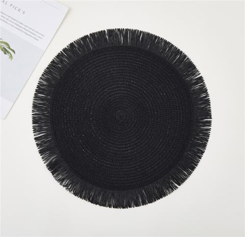 Ueiwffzo 4er/6er Platzsets Runde Gewebte Tischsets Platzset Abwischbar Fransen Platzdeckchen für Esszimmer Party Hochzeit Tischdeko (Schwarz,6 Stück)