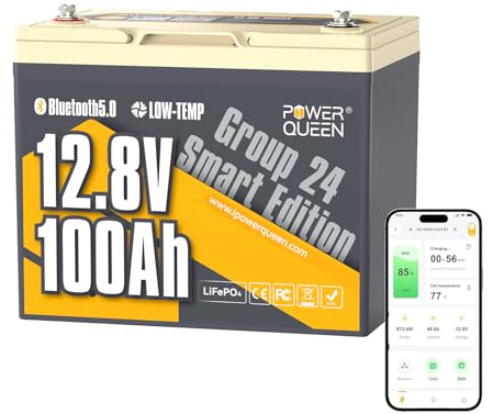 Power Queen LiFePO4 12.8V 100Ah Batterie für Wohnmobil | Group 24, Bluetooth, Low-temp Protection, Deep Cycle Lithium Batterie, für Camping, Boote, Solaranlagen, Off-Grid