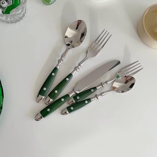 Ensemble d'argenterie à rivets verts 60 pièces, ensemble de couverts verts, ensemble de couverts en acier inoxydable de qualité alimentaire pour 12 personnes, ustensiles de table, finition miroir