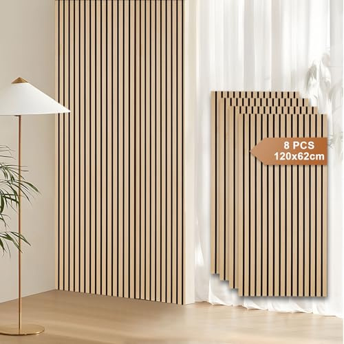 Fiqops 8er Akustikpaneele Holz 120x60 cm Eiche 21 mm | 8er Set ca. 5,76 m², 21 mm Aufbau, MDF & PET-Filz, Für weniger Echo in Wohnzimmer, Büro & Studio