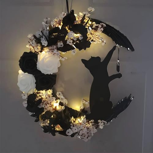 Halloween Türkranz Deko, Schwarze Katze Mit Licht Ornament, Halloween Saison, Dekorationen Für Zuhause, Party, Fenster, Wand, Drinnen Und Draußen