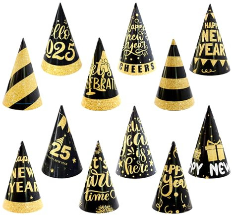 PLUSHCEWT 12 Pack Happy New Year Party Hüte, Schwarz und Gold Papier Kegel Hüte 2025 Silvester Hüte Dekorative Silvester Kegel Hüte Countdown Party Hüte