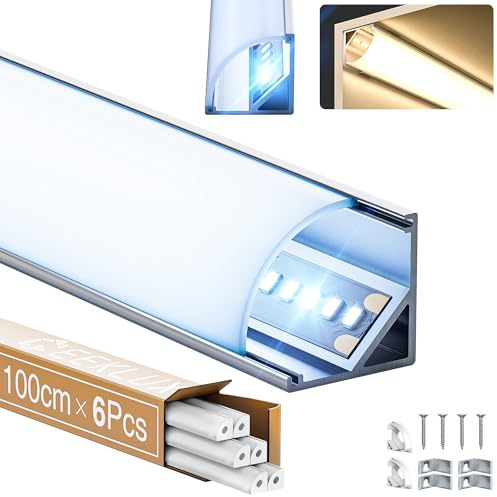 GEEKLUX 6 x LED-Profil, 1 m, Pofili aus Aluminium, V-förmig, für LED-Streifen bis 10 mm, 90-Grad-Schiene, Maße 15,8 x 15,8 mm, mit LED-Diffusor, ideal für Decken, Treppen und Ecken