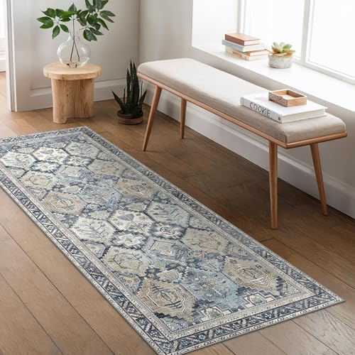 BEIMO Läufer Flur 80x200cm, Vintage Waschbarer Teppich Blumenblau | Boho Orientalisch Wohnzimmerteppich, Weicher Kurzflor Klein Carpet mit Rutschfester für Eingang, Bettvorleger Schlafzimmer