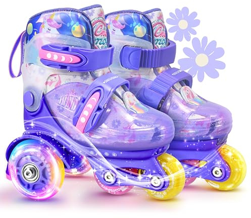 Pattini a Rotelle per Bambini con Design Unicorno Protezione Tripla, 4 Misure Regolabili, Ruote Luminose, Regalo per Bambine (Sogno di Lavanda, S (28-32 EU))
