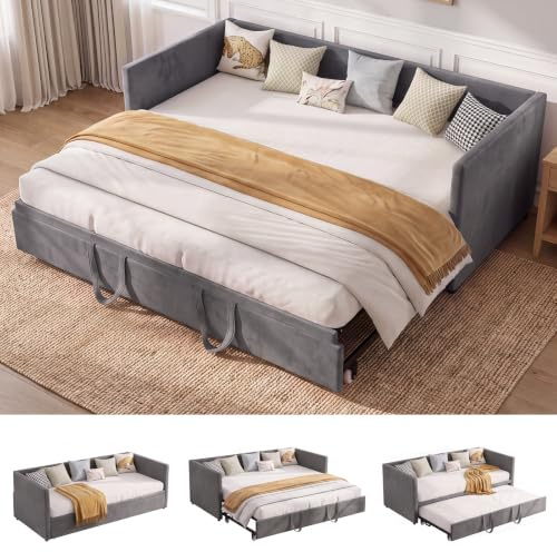 Ausziehbares Tagesbett 90x200/180x200 – Polsterbett Schlafsofa mit ausziehbarem Rollbett & Lattenrost, Schlafcouch zum Doppelbett, Samt Grau, ohne Matratze