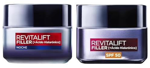 Rutina L'Oreal Paris Revitalift filler Crema rellenadora intensiva con Ácido Hialurónico y SPF 50, 50 ml + Crema de Noche Revitalizante, Antiarrugas y Volumen, 50 ml. Inspirado en Cosmética Coreana
