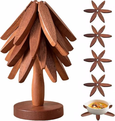 YUEWO Hölzerne Trivets für heiße Gerichte, Walnussbaum Form Tisch Isolierung Matte Set für heiße Töpfe Pfannen, zusammenklappbare Weihnachtsbaum Untersetzer Set