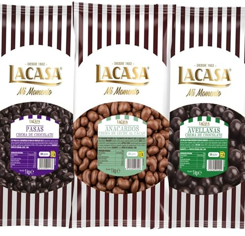 Lacasa Pack 3kg de bolas: Pasas de Corinto con chocolate Negro,Anacardo leche,Avellana con chocolate Negro