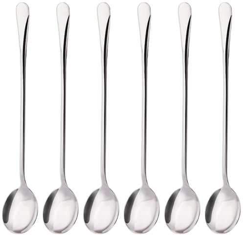 Latte Spoons, Set of 6 Long Handle Tea Spoons 19.5cm Stainless Steel Round Head Teaspoon Mixing Ice Cream Stirring Spoon for Coffee Iced Tea Milk Shake Cool Drinking Soda Cocktail