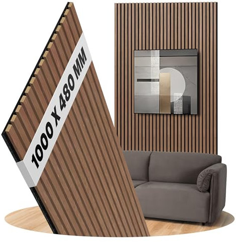 Panneaux acoustiques en noyer, lattes de bois en feutre noir, revêtement mural, surface : bois véritable, dimensions : 1000 x 480 mm - Largeur des lattes: 27 mm (noix)