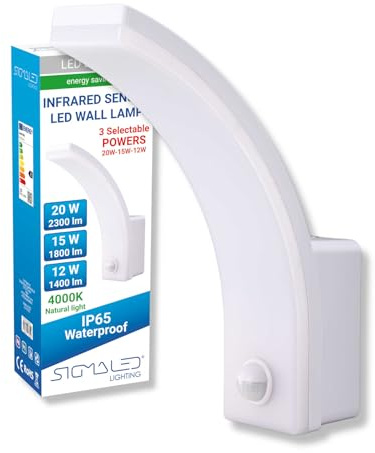 Sigmaled lighting, Applique Murale LED Extérieur IP65, détecteur de mouvement (désactivable), 3 Puissances 20W-2300lm, 15W-1800lm, 12W-1400lm, Lumière neutre, Lampe Extérieur Murale blanche