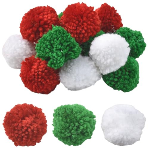 SUNNYCLUE 24 Stück 3 Farben 40mm Weihnachts Pompon,Bälle Woll Pompon Bälle Rot Weiß Grün Weiche Flauschige Plüsch Pompon Dekorationen Für DIY Ferienkostüme Party Dekoration Kunsthandwerksprojekte