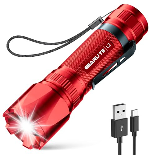 GEARLITE LED Torch Rechargeable, 3500LM Torches LED Super Bright with Clip Adjustable Focus, 3 Lighting Modes Waterproof Small Torch for Power Cuts, Emergency, Camping, Hiking, Outdoor(Red)