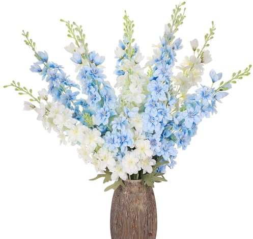Ovveroche 10 Pcs Delphinium Artificial Flowers for Decoration, 33.86 Inch Long Stem Larkspur Fake Flowers Light Blue Faux Silk Bouquets for Tall Vase Wedding Home Decor Floral Arrangements(White+Blue)