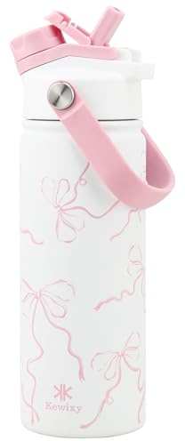 KEWIXY Pink Bow Water Bottle 500 ml/18 oz, 2-in-1 Lid, Stainless Steel Water Bottle with Straw for Women Girls, Ideal Birthday and Back to School Gift (Breeze Pink Bow1)