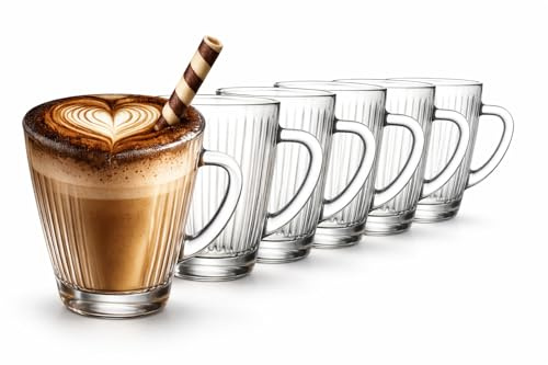 KIAPPO Glas Tassen mit Geriffeltem Muster 300 ml - 6-teiliges Set - Transparentes Glas - Teetasse mit Henkel Für Kaffee, Tee & Heißgetränke - Modernes Design - Perfekt für stilvolle Genussmomente
