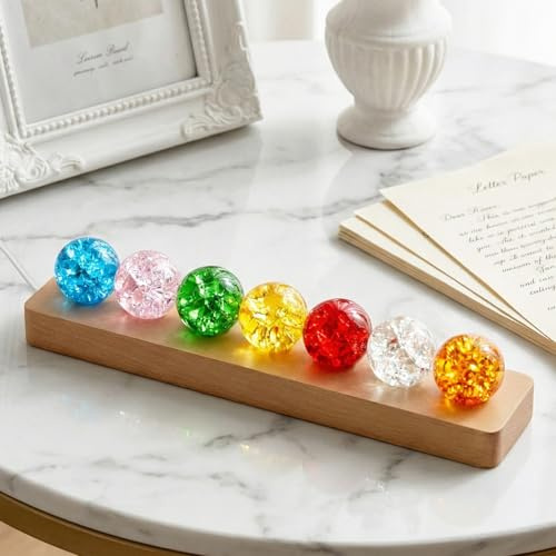 Lwuey Chakra Kristallkugeln, Nachtlicht für Meditation, Positive Energie | 7 Farbige Glaskugel mit Led Holzsockel 40mm Heilkugeln mit Holzständer USB Kable Ornament Wohndekoration