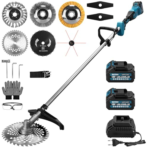 Desbrozadora eléctrica de 1380 W con 2 baterías de 4 Ah y cargador, desbrozadora 7 en 1 con motor sin escobillas, 18800 rpm, desbrozadora eléctrica con 7 herramientas de cortacésped para patios