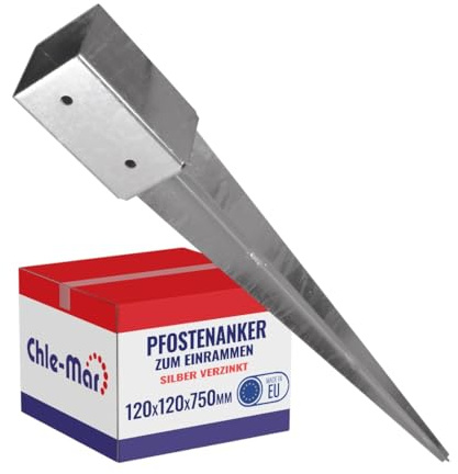 Chle-Mar Pfostenträger Einschlaghülse 120x750 mm, Stabile Bodenhülse | aus Metall 3 mm, für Holzpfosten, Einschlagbodenhülse / Bodenanker / Pfostenanker für Zaun, Pergola & Konstruktionen