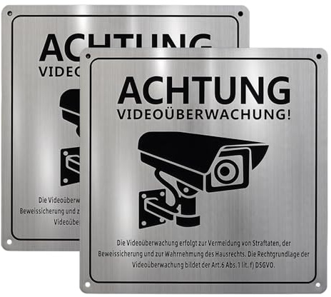 Cartel de videovigilancia (2 unidades, 15 x 15 cm, señal de videovigilancia privada, autoadhesiva, aluminio cepillado, área de seguridad, con GDPR, para interior y exterior)