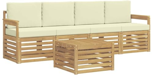 vidaXL Outdoor-Sofagarnitur mit Kissen 5 pcs Weiß und Creme Polyester, Garten Lounge-Sofa, strapazierfähige Außensitzgruppe, modernes Terrassenmöbel, bequemer Wohnbereich