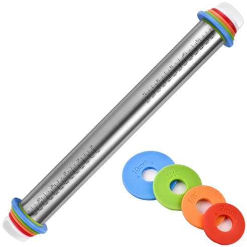 Nudelholz Edelstahl Teigroller Einstellbares Teigausroller mit Abstandshalter 4 Größen, Antihaft Teigrolle Edelstahl ausrollstab Rolling Pin Nudelwalker für Pizzakuchen Keksen Nudeln Gebäck Teig, 44cm