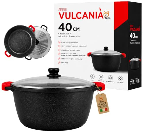 Akitaink Casseruola in Alluminio Pressofuso con Coperchio in Vetro Temperato, Antiaderente, Diametro 40 cm, Adatta al Forno, Lavabile in Lavastoviglie