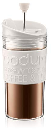 BODUM Insulated 11102-913s Piston Cup with Hinged Lid, 0.35 Litre, Plastic, white, clear, 3.5 Inch, 7,1 x 8,9 x 17,2 cm