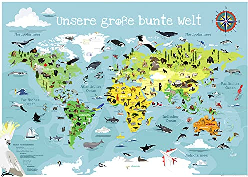 Close Up Kinder Weltkarte XXL Poster - Unsere große Bunte Welt | 140 x 100 cm, handgezeichnet, coloriert, Panorama Kinderweltkarte