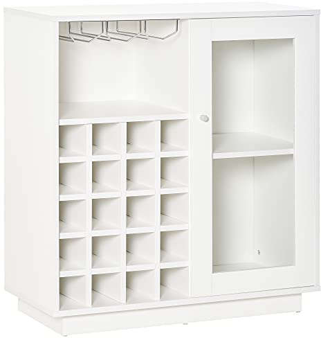 HOMCOM Aparador de Cocina con Botellero para 20 Botellas Armario Auxiliar con 1 Puerta de Cristal Estantes y Soporte de Copas de Vino para Comedor Bar 80x36x85 cm Blanco