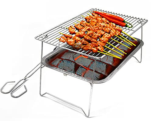Lightweight Camping Barbecue Charcoal Grill Folding Portable Barbecue Grills Outdoor Cooking Rustproof Smoker BBQ for Picnics Beach with Carbon Clip,Silver,31 * 27.5 * 16cm