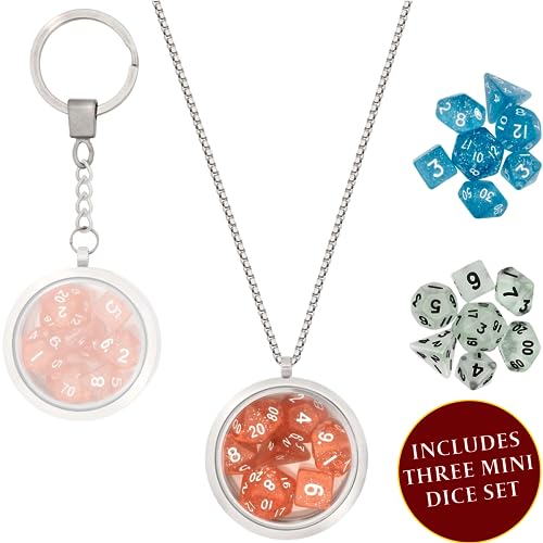 DND Mini Würfel Set Medaillon/Schlüsselanhänger/Mini Dice Set Locket - Polyedrische Miniwürfel Rot, Blau & Transparent D20 D12 D10 D8 D6 - Dungeons and Dragons/Pen and Paper/DND Zubehör/Geschenk