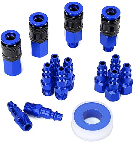FYPower 15 Pieces 1/4 NPT Aluminum Air Coupler and Plug Kit, Quick Connect Air Fittings, Industrial Quick Connector Set (Blue)