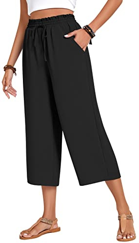 Anyhold Womens Plus Size Capri Pants Loose High Waisted Wide Leg Lounge Pants Drawstring Casual Palazzo Trousers with Pockets 3X-Large, Black