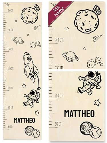 Messlatte Kind Holz - Weltraum - Weltall mit Name Rakete Raumschiff Astronaut Sterne Komet Mondlandung - 90-150 cm - Holz - personalisiertes kleinkind personalisierte kleinkinder geschenke