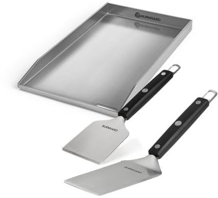 BURNHARD® Edelstahl Plancha Set Fred 41,5 x 23,5 cm mit 2-tlg | Grillspachtel und Grillschaber Set