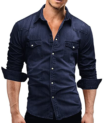 Rodawu. Camisa de mezclilla para hombre de algodón elástico, camisas de vaquero con botones, camisas casuales con botones, camisa de mezclilla, chaqueta, camisas de ajuste muscular, Azul oscuro, XL