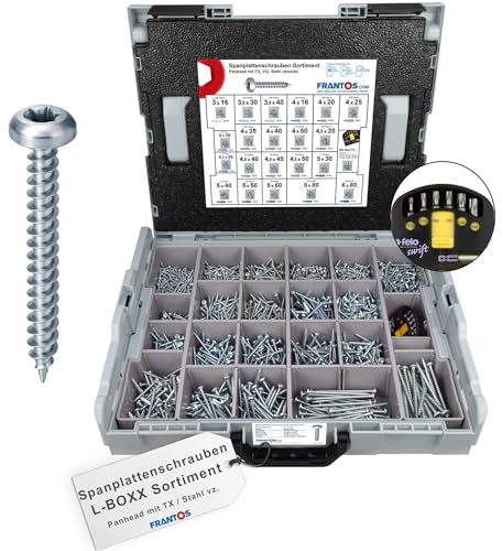 FRANTOS Spanplattenschrauben Panhead TX Sortiment in L-Boxx - Stahl verzinkt I 2346 tlg. + Torx Bit-Sortiment Felo I Holzschrauben Schraubensortiment Set